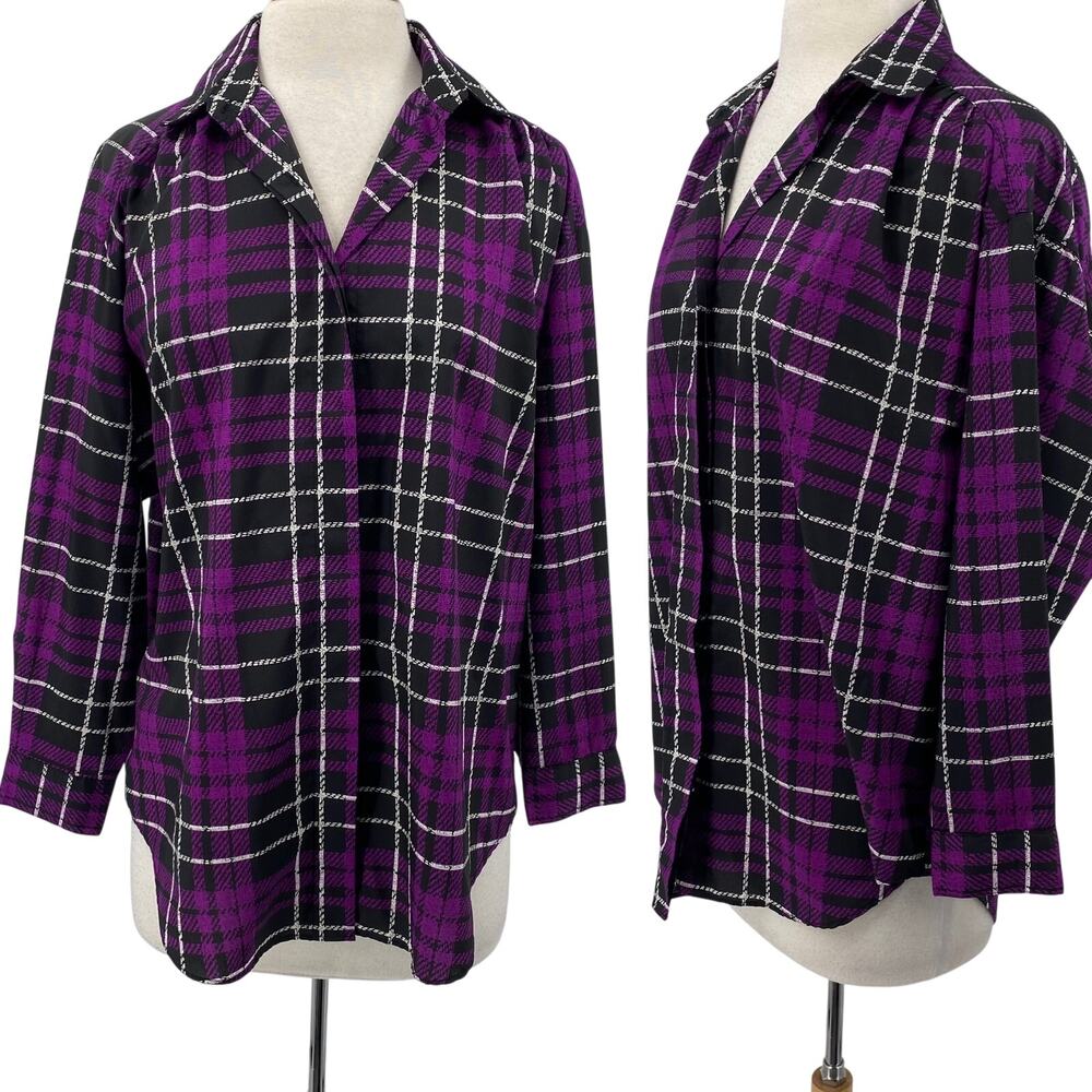 Vintage 80s Diane Von Furstenberg Plaid Top Button Down Tartan Black Purple M